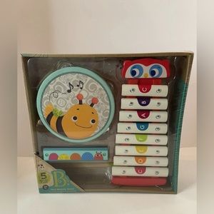 B. Toys Wooden Instruments Mini Melody Band Xylophone, Tambourine, Harmonica NEW